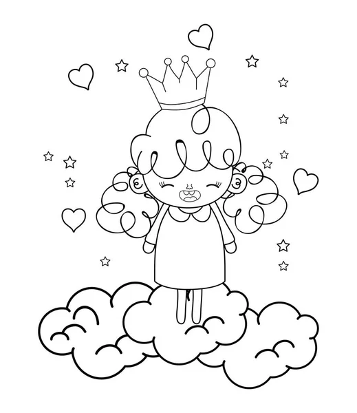Περίγραμμα ευτυχισμένος κορίτσι με το στέμμα στα σύννεφα και καρδιές — Διανυσματικό Αρχείο