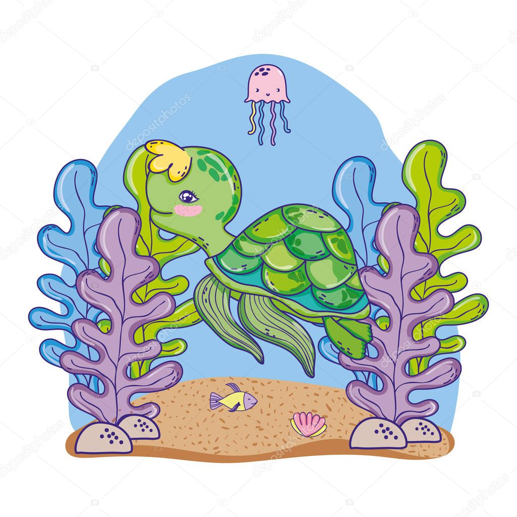 turtle and jellyfish animal with seaweed plants
