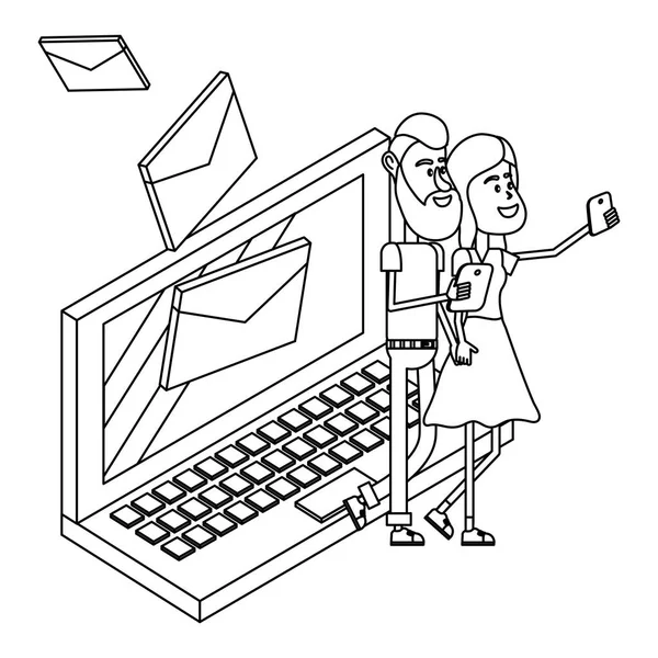 Couple et email technologie isométrique en noir et blanc — Image vectorielle