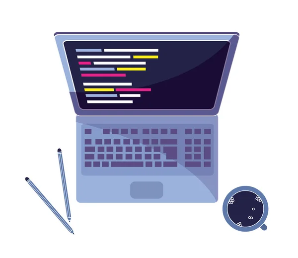 Laptop med koden program och kaffe med pennor — Stock vektor