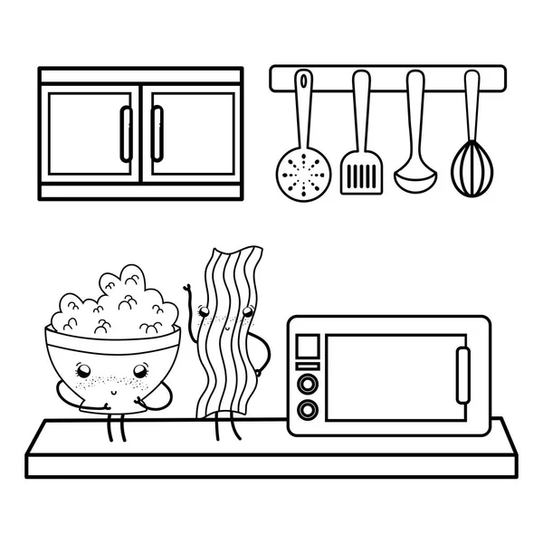 Kawaii-Cartoons für Küche und Essen in Schwarz-Weiß — Stockvektor