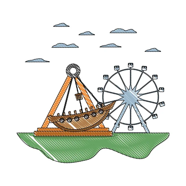 Doodle mécanique tour de bateau et ferris jeux de roue — Image vectorielle