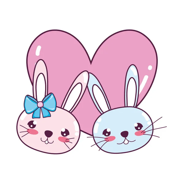 Lindo conejos pareja cabeza con corazón — Vector de stock