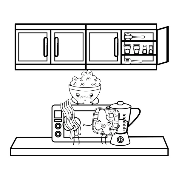 Keuken en voedsel kawaii cartoons in zwart-wit — Stockvector