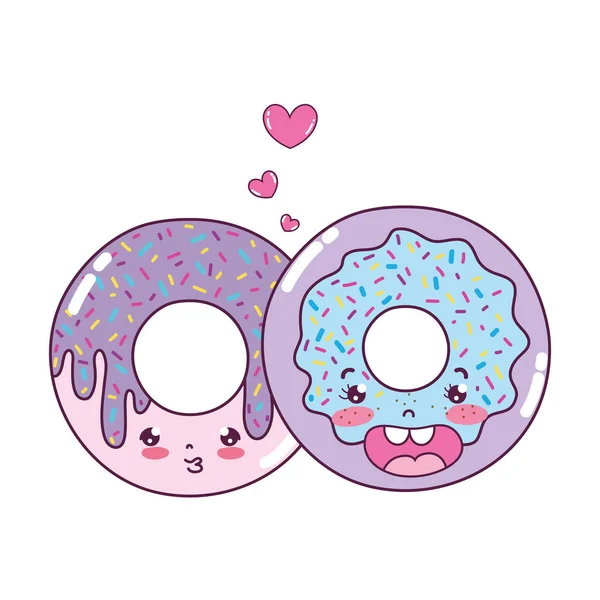 Kawaii agradable dulce donut pareja — Archivo Imágenes Vectoriales