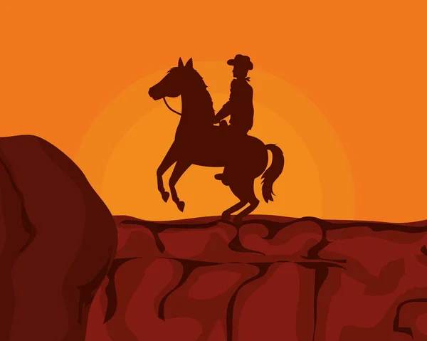 Koboi di gurun kuda matahari terbenam - Stok Vektor