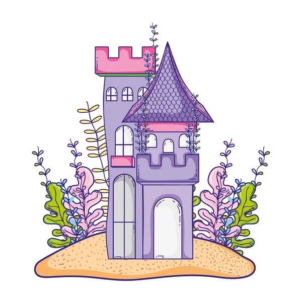 Cute castle in the island with seaweed plants — Stock Vector