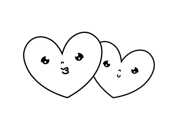 Línea kawaii bonito corazón pareja juntos — Vector de stock