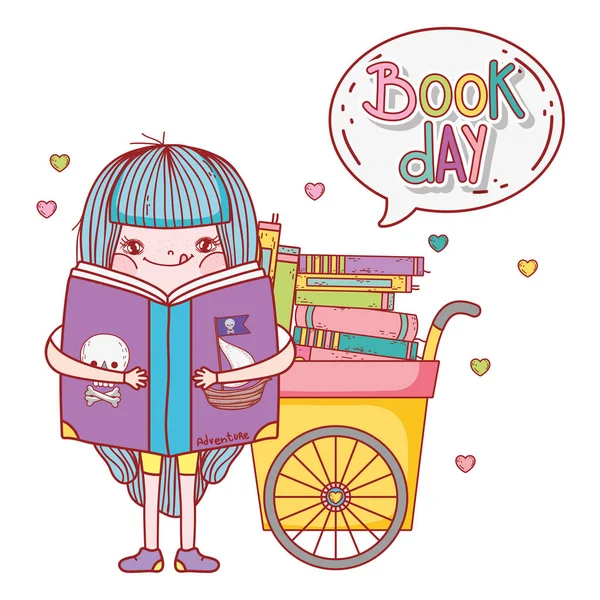 Щаслива маленька дівчинка читає книги з візком і бульбашкою мовлення — стоковий вектор