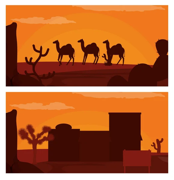 Chameaux marchant sur le désert et le village occidental — Image vectorielle