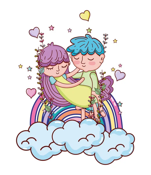 Menino carregando menina nas nuvens com arco-íris e corações — Vetor de Stock