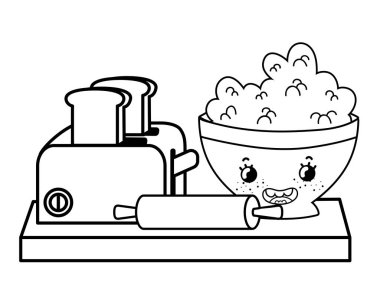 Siyah beyaz mutfak ve gıda kawaii karikatürler