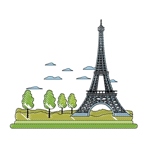 Eyfel Kulesi yapısı ve şirin ağaçları doodle — Stok Vektör
