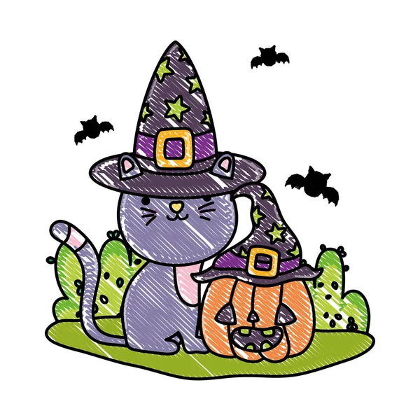 Ralado bonito gato com chapéu e abóbora com morcegos — Vetor de Stock