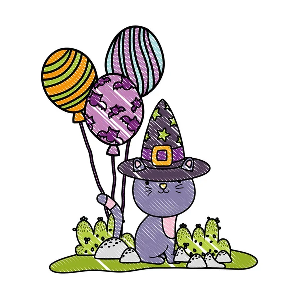 Geraspte mooie kat met heks hoed en ballonnen — Stockvector