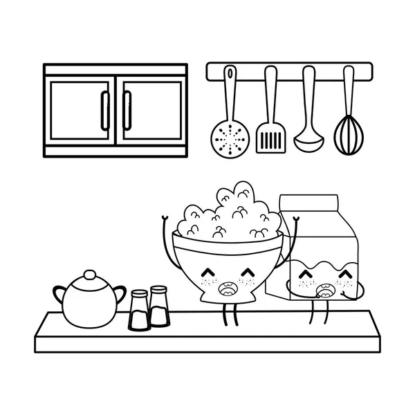 Kitchen and food kawaii cartoons in black and white — Stock Vector
