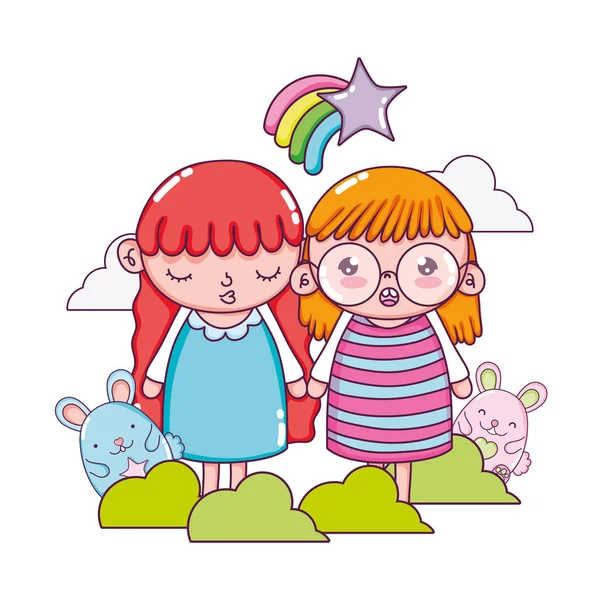 Девушки с милой мимикой и звездной радугой — стоковый вектор