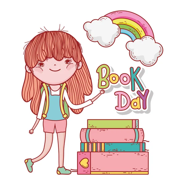 Feliz niña leyendo libros con arco iris — Vector de stock