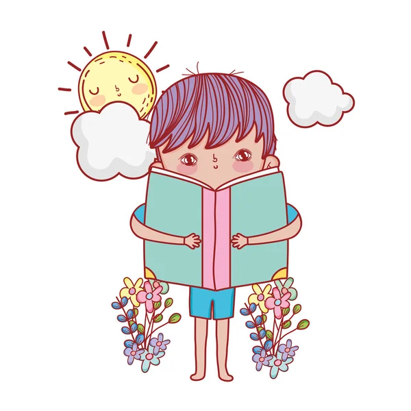 太陽可愛いと本を読んで幸せな男の子 — ストックベクタ