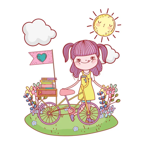 Chica leyendo libro con sol kawaii y bicicleta en el campamento — Vector de stock