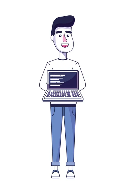Homme agréable avec ordinateur portable et programmation de code — Image vectorielle