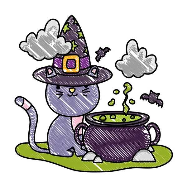 Strouhaný roztomilý kočka s kloboukem a pot kotel — Stockový vektor