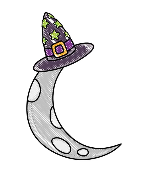 Grated cute moon with witch hat style — Stock Vector