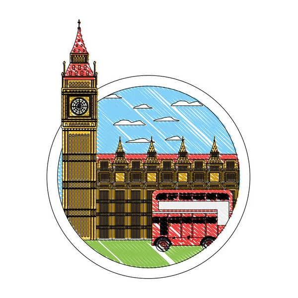 Doodle London clock tower and urban bus — стоковый вектор