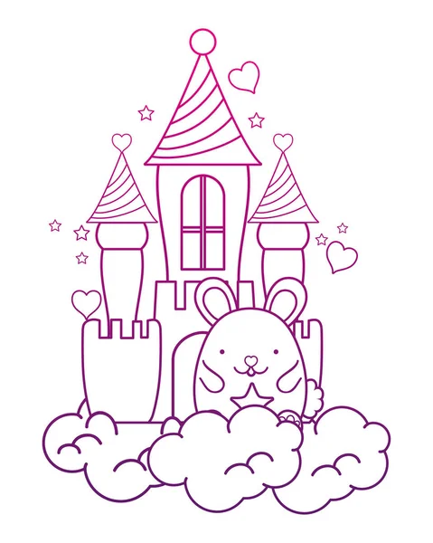 Degraded outline cute male mouse in the castle and clouds — Stock Vector