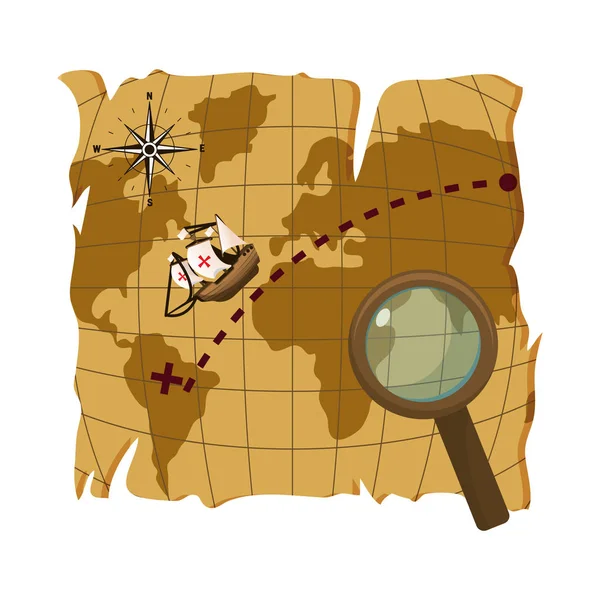 Mapa com navio descoberta América e lupa —  Vetores de Stock