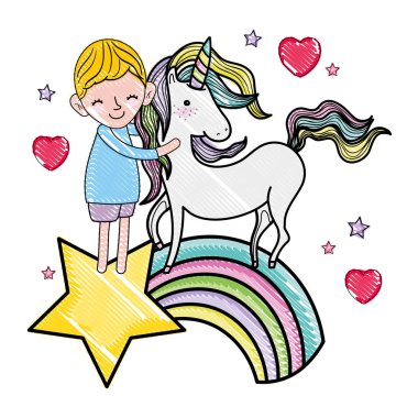 karalanmış çocuk ve tek boynuzlu at rainbow yıldız ve kalpleri ile içinde