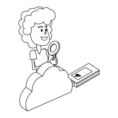 kadın ve teknoloji izometrik siyah ve beyaz