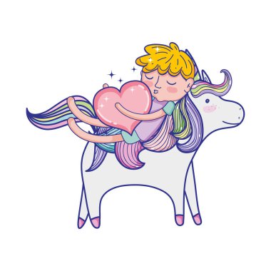 kalp ve güzel tek boynuzlu at uyuyan çocuk