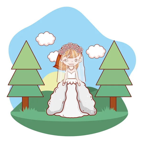 Молодая невеста на открытом воздухе пейзажный мультфильм — стоковый вектор