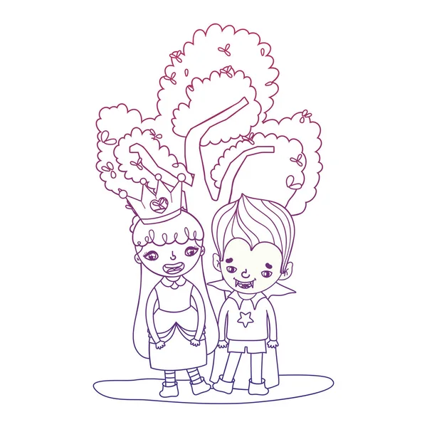 Contorno degradado feliz niña y niño con disfraces divertidos y árbol — Vector de stock