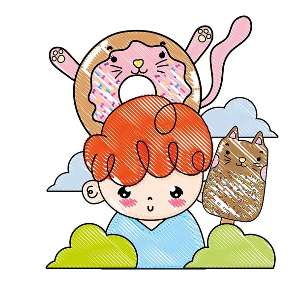 Chico rallado con kawaii gatos donut y hielo lolly — Archivo Imágenes Vectoriales