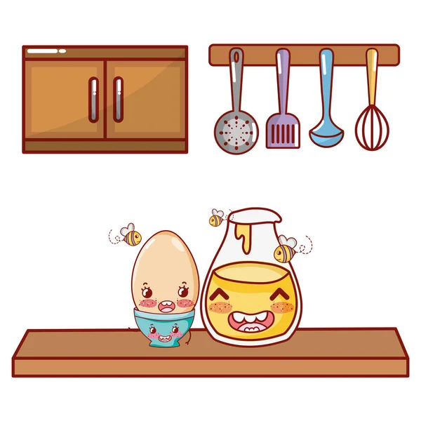 Cozinha e comida kawaii desenhos animados —  Vetores de Stock