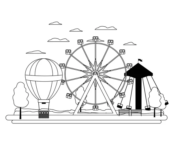 Line ferris wheel mechanical and air balloon — Stock Vector