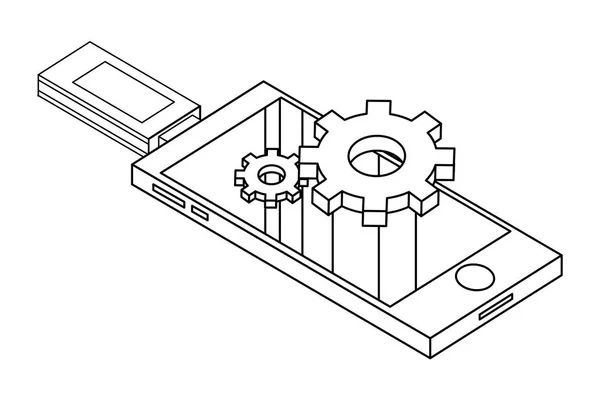 USB-technologie voor gegevensopslag met isometrische in zwart-wit — Stockvector