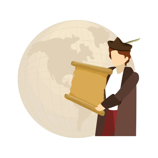 Ο άνθρωπος ο Χριστόφορος με perchment και παγκόσμιο χάρτη — Διανυσματικό Αρχείο