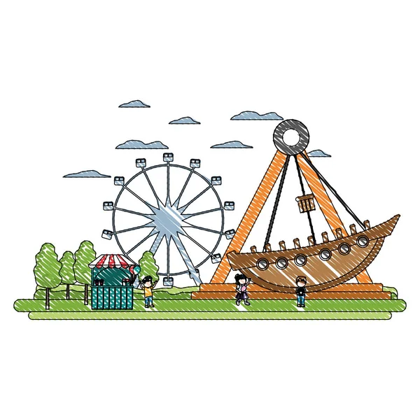 Boutique de carnaval doodle avec enfants et promenade mécanique en bateau — Image vectorielle