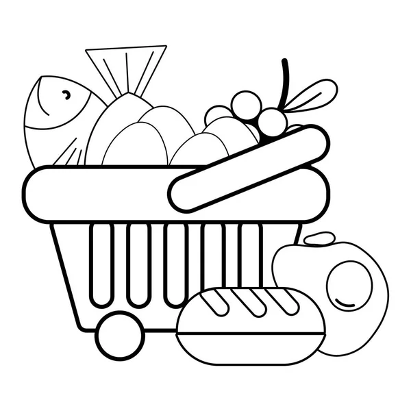 Potraviny nákupní košík černá a bílá — Stockový vektor
