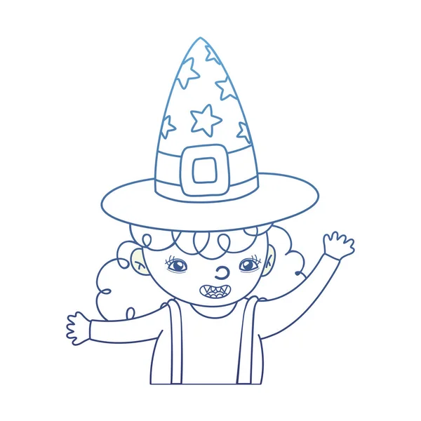 Degradato contorno ragazza felice con costume da strega e cappello — Vettoriale Stock