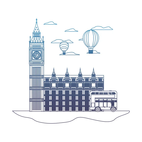 Degraded line london clock tower with air balloon and bus — Stock Vector