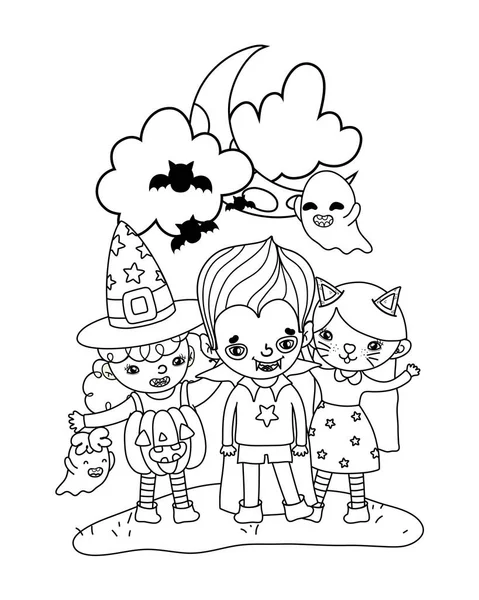 Outline children with funny costumes and ghosts with bats — Stock Vector