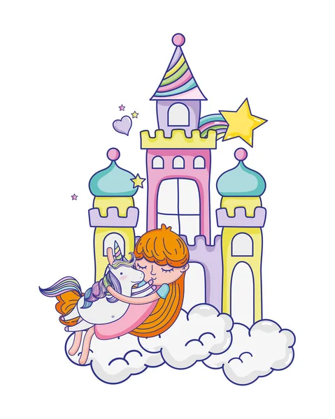 Fille et mignon licorne dans le château avec nuage — Image vectorielle