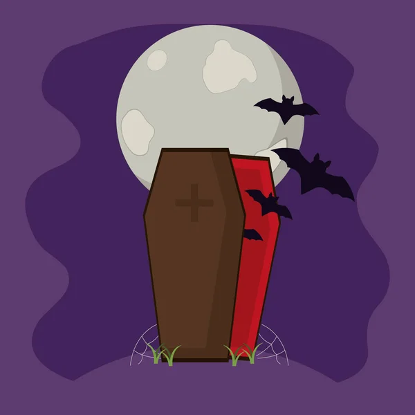 Morcegos dentro do caixão de vampiro com teia de aranha e lua —  Vetores de Stock