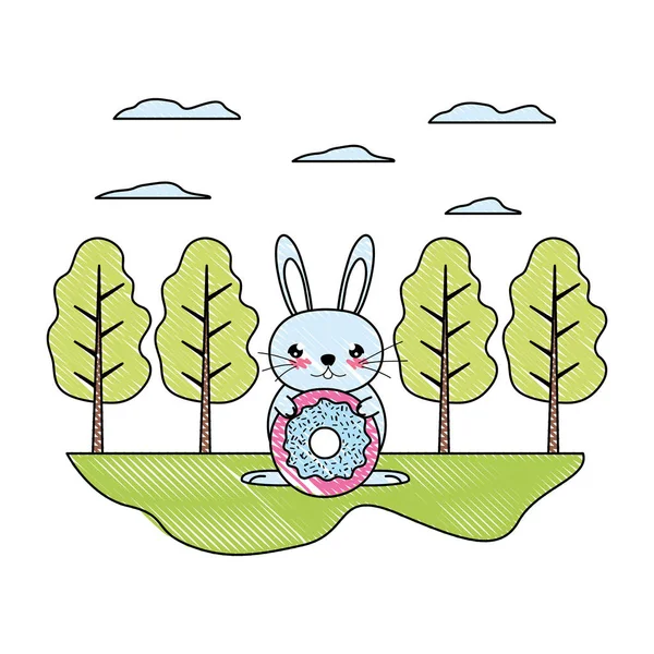 Doodle lapin mâle avec beignet sucré dans le paysage — Image vectorielle