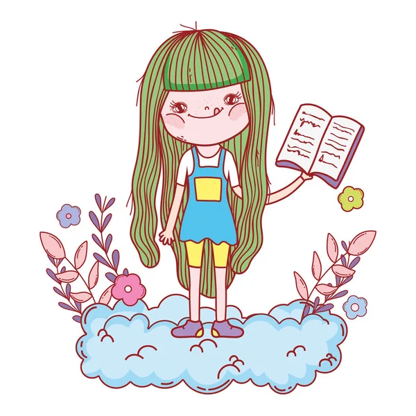Happy little girl reading book in the clouds — Stock Vector