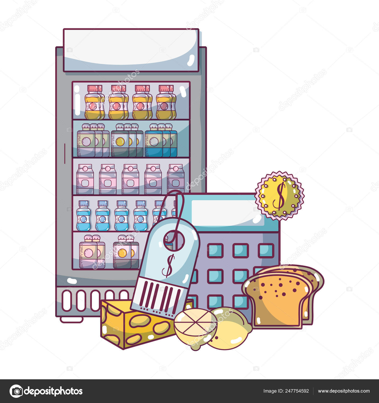 Супермаркет Продуктовые Продукты Мультфильм Векторное Изображение.